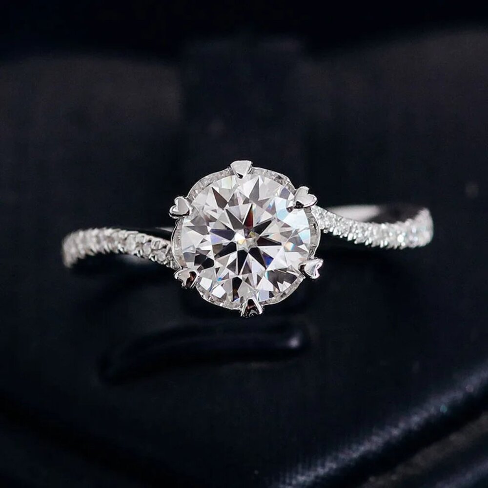 💍MOISSANITE SILVER ROUND TWISTED BIG FLOWER SOLITAIRE ENGAGEMENT RING, K758 - Picture 8 of 11